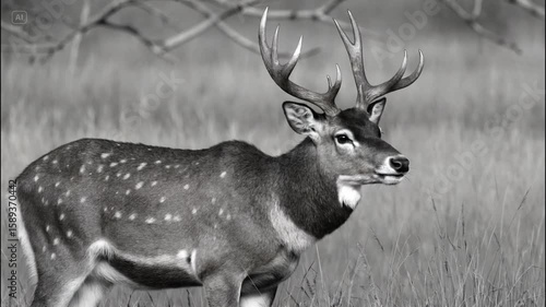 Majestic axis deer poses in tall grass. Elegant wildlife photography suitable for nature, wildlife, and animal themed designs and projects.