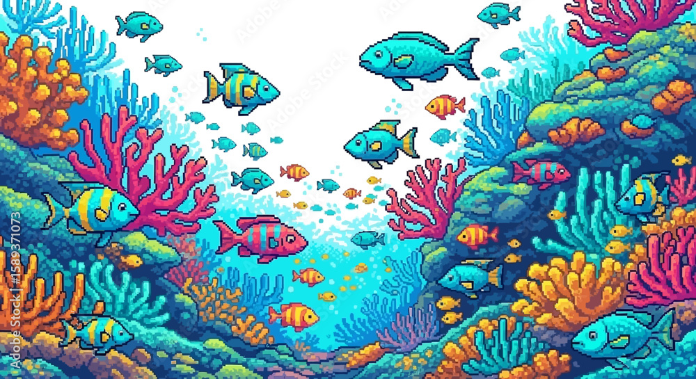 Obraz premium Pixel Art Coral Reef Scene with Vibrant Fish