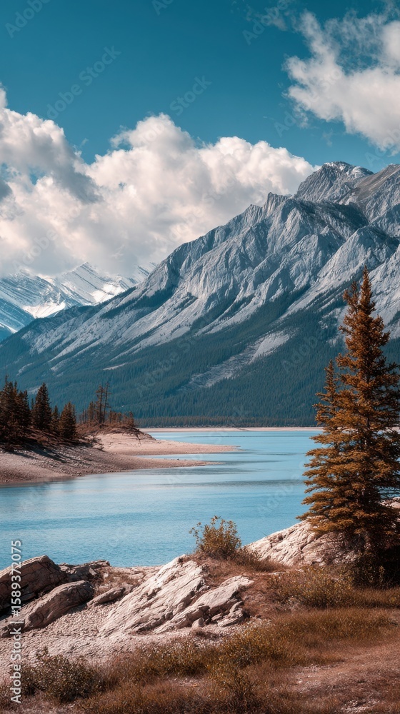 Fototapeta premium High-quality stock image of a nature landscape with mountains and lake, suitable for commercial use.