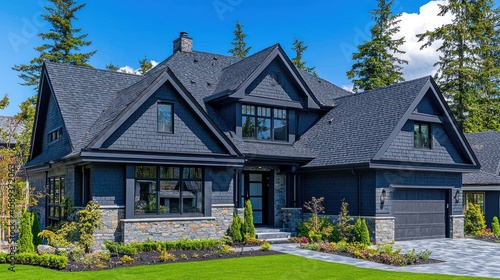 Modern dark-gray house with stone accents, nestled in trees