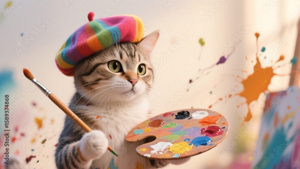 Fototapeta premium Whimsical Cat Artist A charming tabby kitten painting with colorful beret and palette full of art supplies