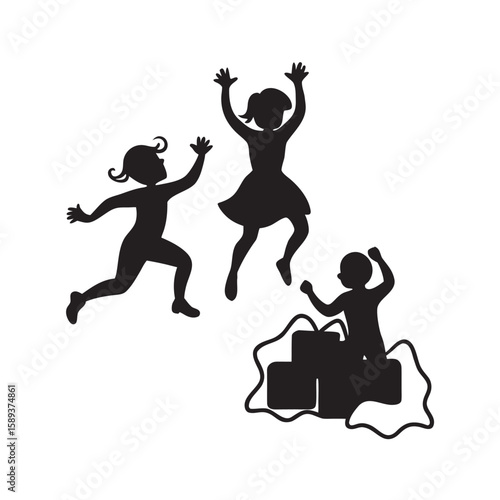 Kids Jumping With Joy Near Christmas Gifts Silhouette