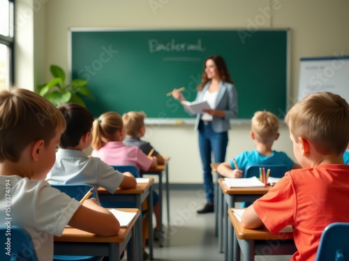 A teacher instructs young students seated at desks in a classroom during a school session.