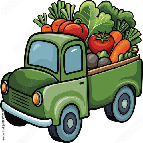 Green Pickup Truck Filled with Fresh Farm Vegetables