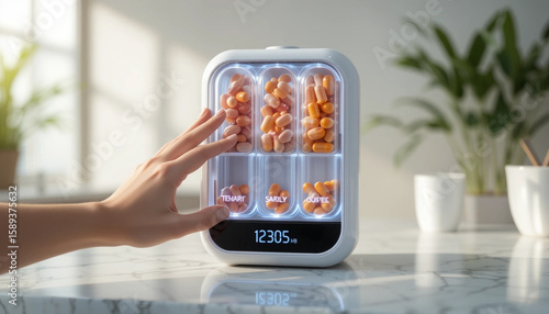 Modern healthcare technology concept for managing daily supplements and medication routine.