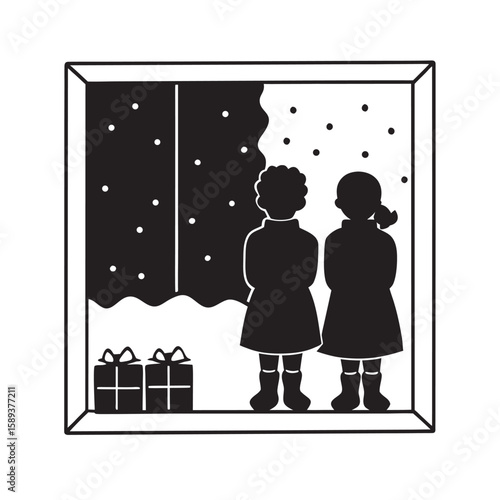 Kids Waiting By Window With Stocking Silhouette Art