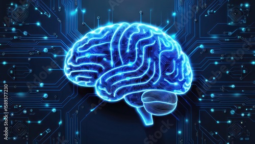 A digital illustration of a human brain overlaid on a complex circuit board, highlighting the connection between technology and the human mind.