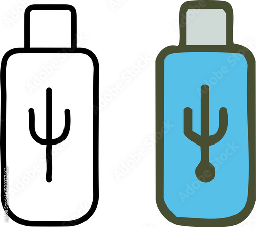 Hand-drawn USB flash drive icons with a thick outline presented in both monochrome and blue color variations.