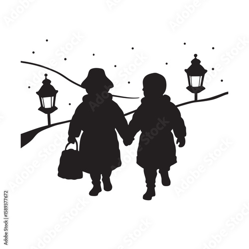 Kids Walking With Lanterns On Snowy Path Silhouette Art