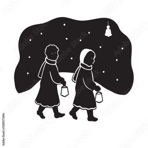 Kids Walking With Lanterns On Snowy Path Silhouette