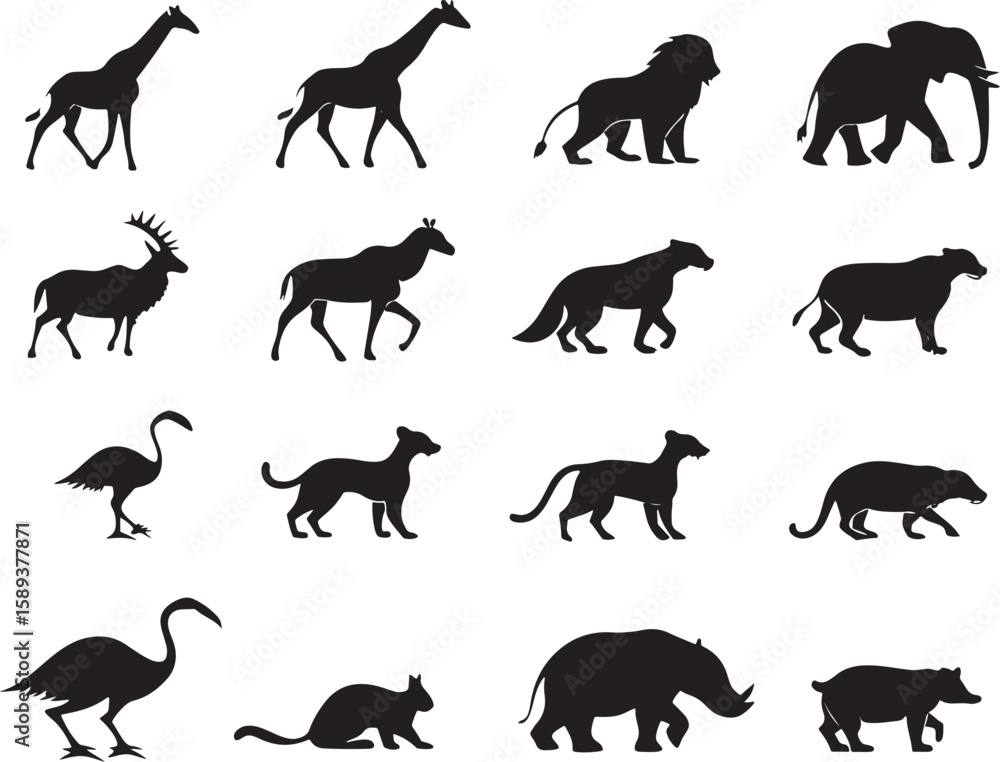 Fototapeta premium animal silhouette vector, Bundle icons and white background 