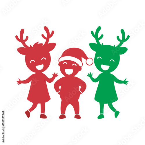 Kids Wearing Reindeer Antlers Silhouette
