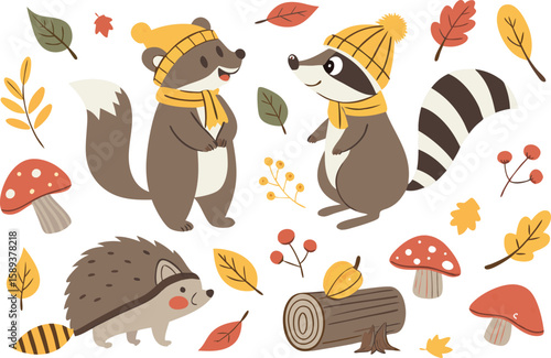 Adorable Autumn Animals and Fall Elements Illustration