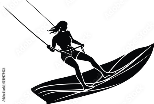 Kite surfer woman surfing sea silhouette vector flat style illustration for clipart