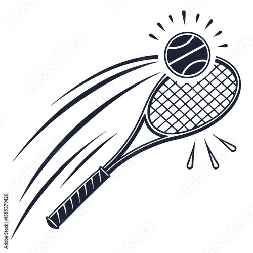 Tennis racket hitting a glowing ball with motion lines clean vector-style design for performance tee