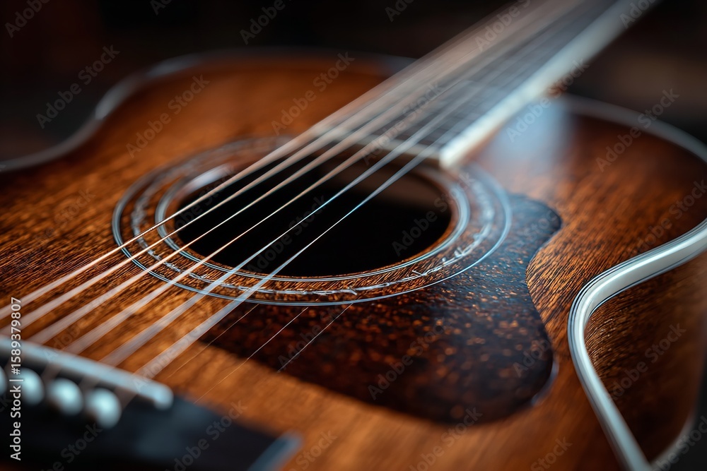 Obraz premium Detailed Texture of Acoustic Guitar Wood and Strings in Soft Lighting for Music-Themed Design