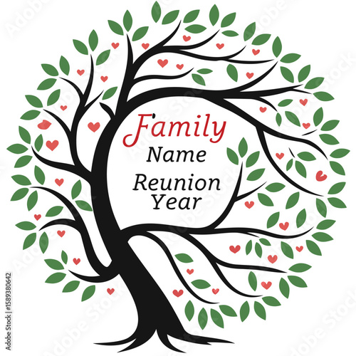 Tree with spreading branches and small heart-shaped leaves circular design with center space for family name and reunion year