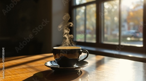 Steaming Black Coffee Cup in Warm Morning Sunlight by a Window