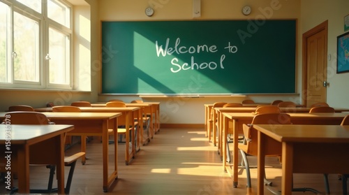 Sunlit Empty Classroom Featuring Welcome Message on a Green Chalkboard