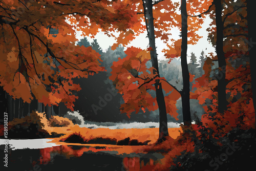 Autumnal Forest Scene with River Reflection