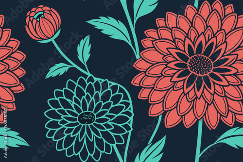 Coral and Teal Dahlia Pattern floral seamless