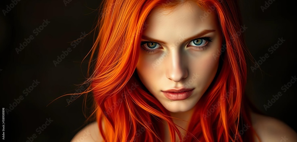 Obraz premium Fiery red hair cascades down shoulders, intense gaze, attractive, art