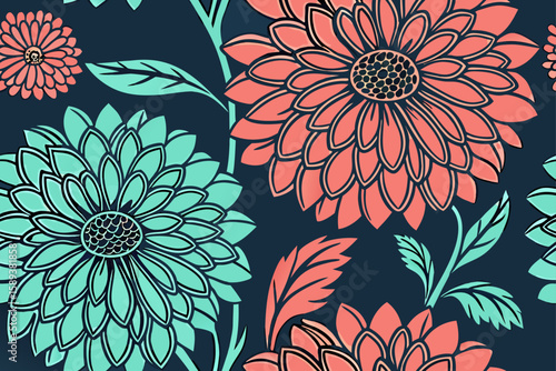 Coral And Teal Flowers Seamless Pattern floral