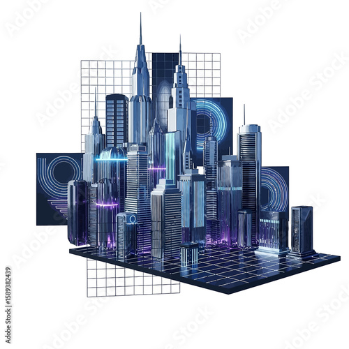 Futuristic Cityscape with Metallic Skyscrapers and Neon Accents on Grid Platform
