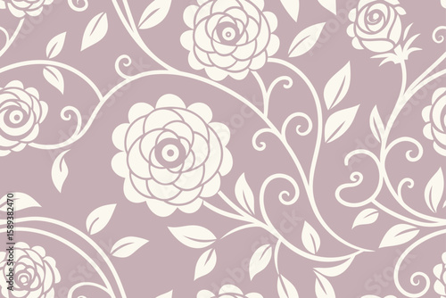 Cream roses and leaves on lilac background floral pattern
