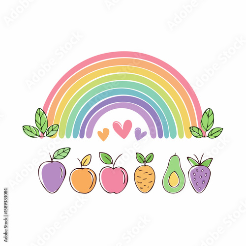 Vector illustration of fresh fruits and vegetables with apple and abstract background