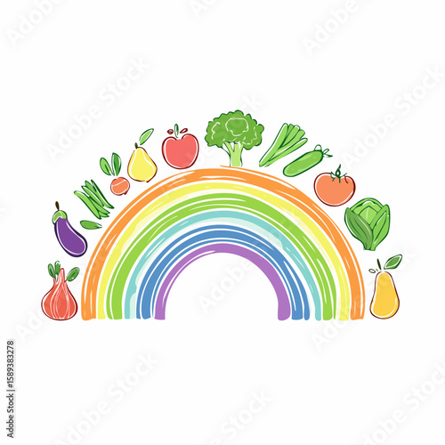 Abstract rainbow vector background with colorful nature elements and fresh vegetables illustration
