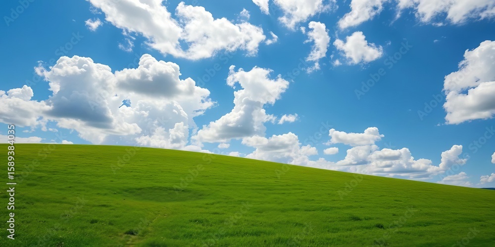 Obraz premium Rolling green hilltop meadow under a vibrant blue sky dotted with fluffy white clouds, white, environment
