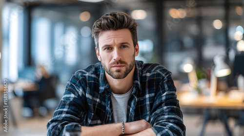 Confident Young Businessman Posing in Modern Office Environment with Intense Expression and Stylish Outfit