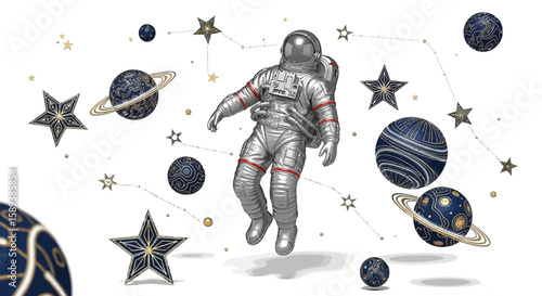 Silver Astronaut Floating in Space with Red Accents and Metallic Details
