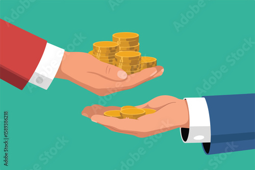 Hands exchanging gold coins with a teal background exchange money