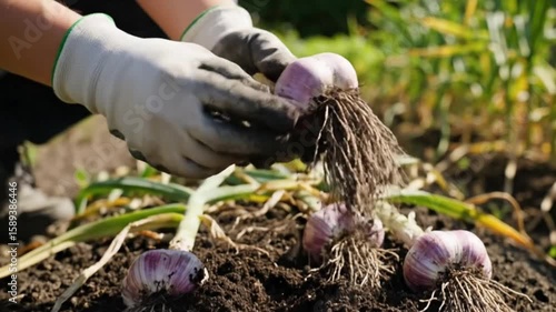 Hands in gloves hold garlic bulbs with roots freshly harvested from the dark soil in a garden setting
