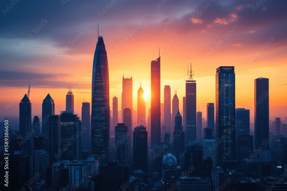 Obraz premium Glowing Urban Cityscape Silhouetted Against a Dramatic and Vibrant Sunset Sky