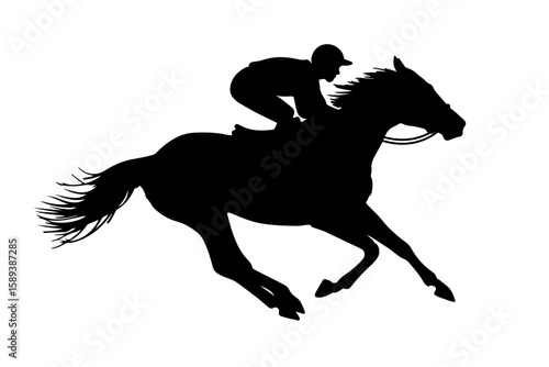 Horse racing vector illustration. Jockey riding a thoroughbred racehorse in full gallop. Dynamic action on the racetrack. Equestrian sport, competition, derby, 