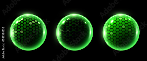 3D transparent sphere protection shield with hexagon pattern and neon glowing elements on dark background. Power energy barrier, force field, protection or defend concept.