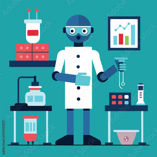 Robot Lab Assistant Organizing Samples In Medical Research Laboratory