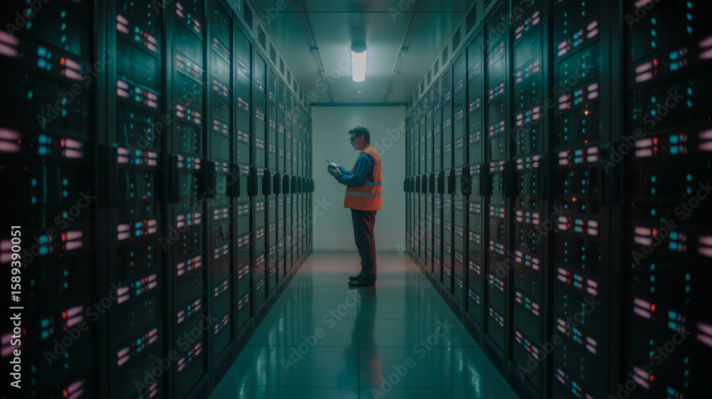 Fototapeta premium It technician in reflective vest checks tablet while standing in a dimly lit server room aisle with rows of blinking computer servers