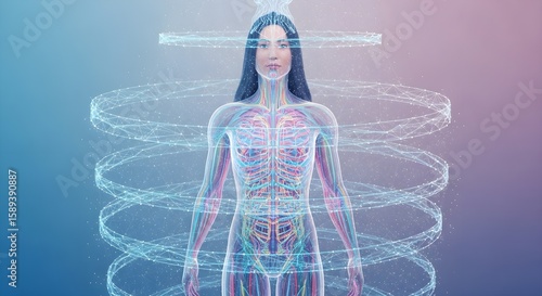 Vibrant Female Anatomy with Abstract Energy Spirals: Futuristic Medical Illustration