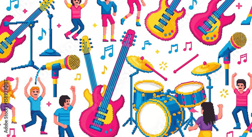 Pixelated Music Band: Guitars, Drums, Microphones, and Dancing People.