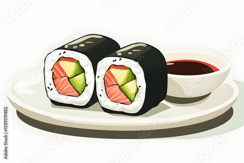 Two sushi rolls on a plate with soy sauce, Japanese cuisine, healthy eating, cartoon style