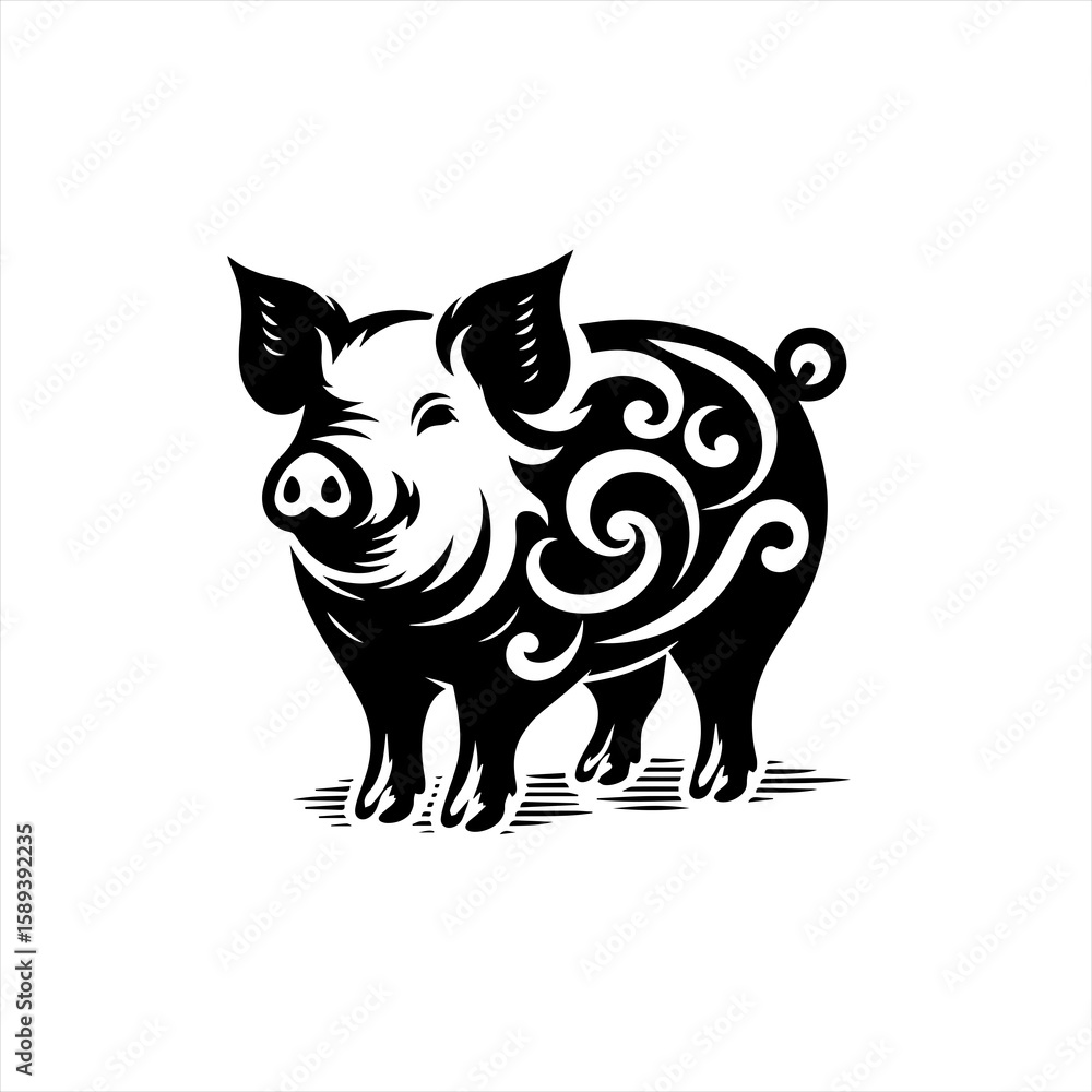 Fototapeta premium A pig with decorative swirls is isolated on white background