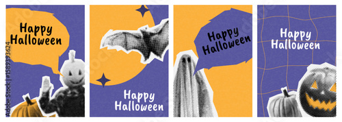 happy halloween halftone collage poster set. spooky modern cut out elements. ripped paper style, dotted illustration. trendy holiday flyers with bat, ghost, pumpkin