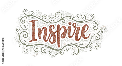 Hand-drawn "Inspire" lettering with rustic wood texture, embellished by swirling, textured olive-green vines.