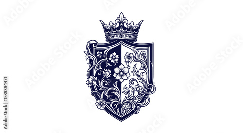 Ornate Royal Crest:  Dark Blue Shield with Floral Design and Crown