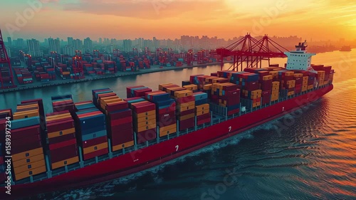 Wallpaper Mural Cargo ship navigates harbor at sunset amidst vibrant skyline and colorful containers Torontodigital.ca