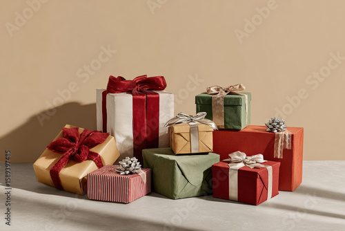 Wallpaper Mural festive new year  scene featuring beautifully wrapped gifts in various sizes and shapes against clean solid Torontodigital.ca